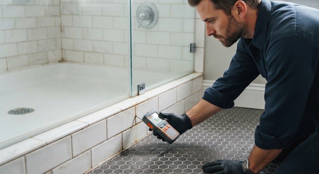 shower and bathroom leak detection Garfield technician testing shower pan membrane